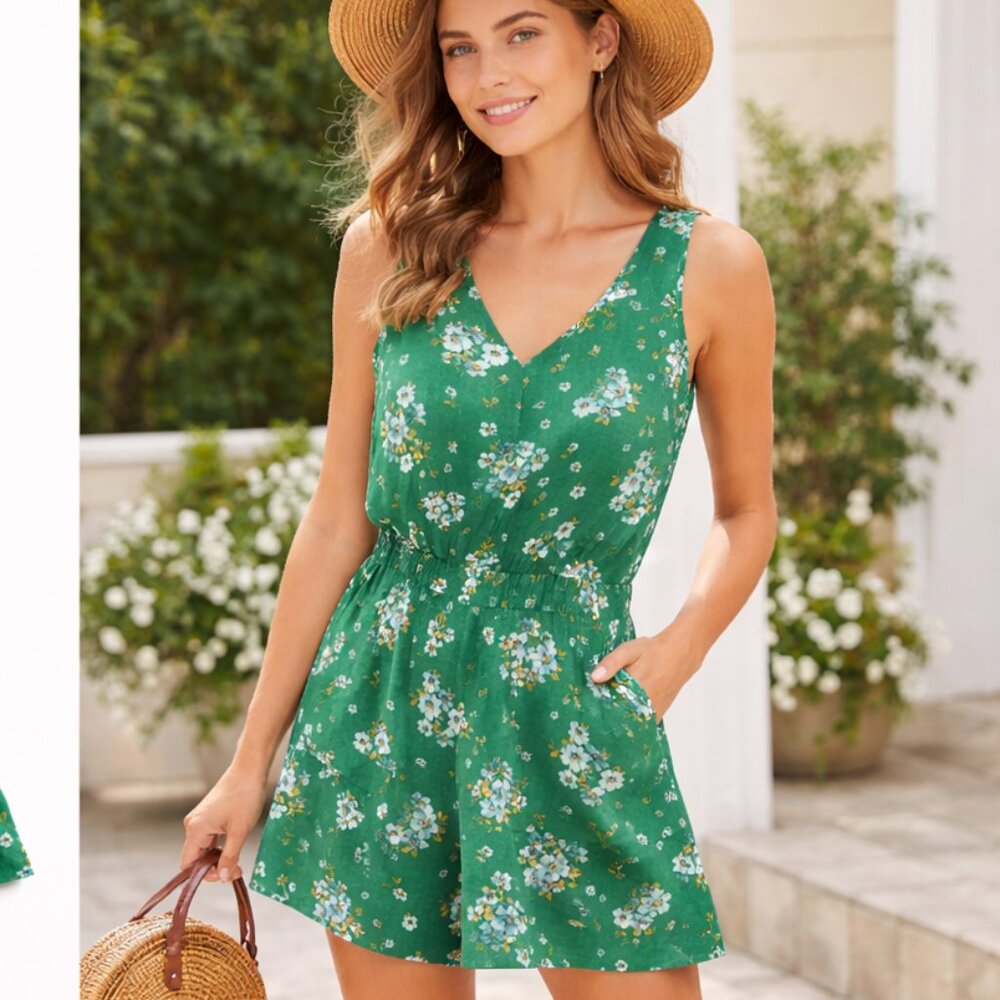 LOFT Green Floral Romper Women’s 4 Sleeveless V-Neck Pockets Lined